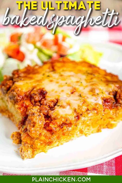 The Ultimate Baked Spaghetti - cheesy spaghetti topped with Italian seasoned cream cheese, meat sauce and mozzarella cheese - SOOOO good! Makes a great freezer meal too! We ate this two days in a row! Ultimate Baked Spaghetti, Freezer Meal Recipes, Quiche Breakfast, Spaghetti Casserole Recipe, Spaghetti Recipes Easy, Cheesy Spaghetti, Baked Spaghetti Casserole, Baked Spaghetti Recipe, Spaghetti Casserole