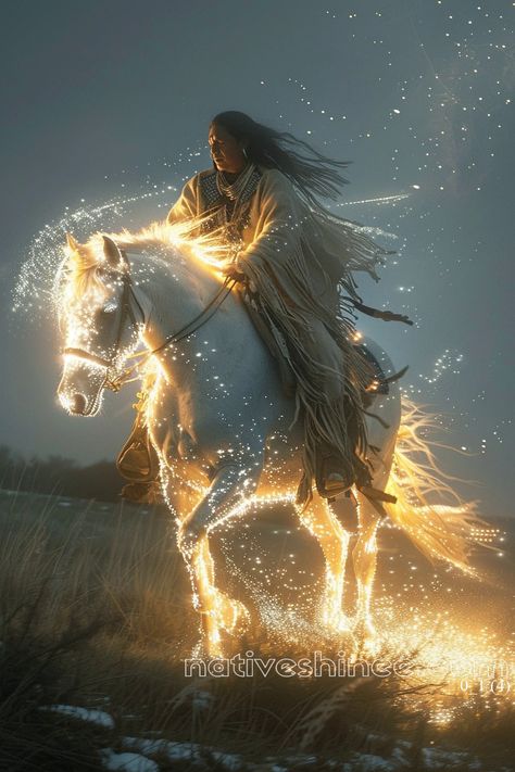 The Spirit Rider evokes the ethereal connection between the Native American warrior and the spirit of the land. As the warrior rides his majestic horse, both horse and rider are illuminated with a mystical glow, as though infused with the energy of the earth itself. The swirling lights surrounding them represent the harmony of nature, the ancestors, and the stars. The scene, bathed in twilight, reminds us of the strength, wisdom, and deep spirituality that runs through every Native American story. . Warrior On Horse, Book Photo Ideas, Spirit Walker, Glowing Aura, American Indian Artwork, Indian Horses, Totem Animals, Native American Headdress, Western Artwork