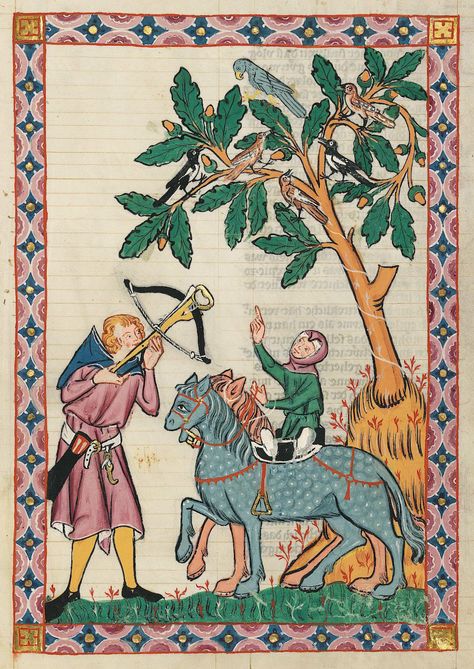 Shooting birds. Codex Manesse, UB Heidelberg, Cod. Pal. germ. 848, fol. 396r: Kol von Nüssen. 1305-40 Medieval People, Funny Medieval, Dungeons And Dragons Figures, Medieval Drawings, Medieval Artwork, Illustrated Manuscript, Medieval Paintings, Dungeons And Dragons Classes, Dungeons And Dragons Miniatures