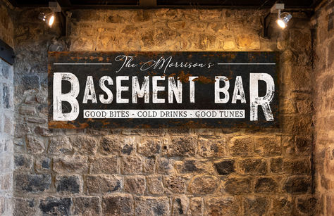 This is our Basement Bar Sign, personalized wall art for your home basement bar on canvas, but also available on metal!!  Personalize your home with beautiful large CANVAS Farmhouse wall art décor signs from My Painted Porch in the styles of Modern Farmhouse, Country, Cottagecore, French Country, Industrial and more.  mypaintedporch.etsy.com Basement Bar Wall Art, Basement Wall Art, Home Basement Bar, French Country Industrial, Bar Signs For Home, Home Bar Wall Decor, Home Bar Wall, Painted Porch, Home Basement