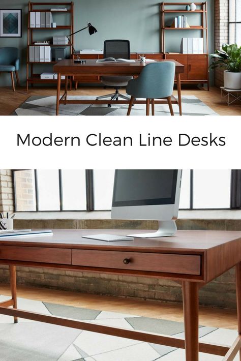 What a rich wood mid century modern executive desk.  The warm wood and clean lines gives the modern mid century feel.  The minimalist shelves is nice for bringing life into the space with knick knacks. Mid Century Executive Desk, Midcentury Modern Office Desk, Mid Century Modern Office Desk, Double Office, Midcentury Modern Office, Shared Home Office, West Elm Mid Century, Modern Executive Desk, Mid Century Modern Office