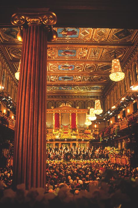 The Vienna Philharmonic gives its annual New Year's Concert in the Golden Hall of the Musikverein. The whole world looks on and joins in the celebrations of the first day of the new year. ©WienTourismus / Lois Lammerhuber Year Concert, New Year Concert, Golden Hall, Concert Hall Architecture, Vienna Philharmonic, Concert Hall, Old Money Aesthetic, Classical Music, Music Is Life