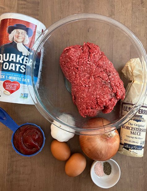 Grandma's Quaker Oats Meatloaf Recipe - Meatloaf and Melodrama Quaker Oat Meatloaf Recipe, Meatloaf Made With Oats, Meatloaf Made With Oatmeal, Meatloaf Recipes Oatmeal, Quaker Oatmeal Meatloaf Recipe, Oatmeal Meatloaf Recipes, Quaker Meatloaf, Meatloaf Recipes With Oats, Meatloaf Recipes With Oatmeal