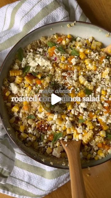 Fitness Recipes on Instagram: "ROASTED CORN QUINOA SALAD by @ma.satterfield

this is a great lunch or side dish to close out the summer 👏🏻 

it pairs great with grilled chicken or steak and can be enjoyed cold making it a great healthy desk lunch option! full recipe is below 👇🏻 

ingredients:
1 cup quinoa (measured uncooked)
1 orange bell pepper, diced 
1/2 small red onion, diced
1/3 cup corn, grilled or canned 
1/4 cup fresh mint, finely chopped
1/4 cup fresh basil, finely chopped 
3 tbsp sunflower seeds
1/4 cup feta cheese
1/4 cup olive oil
Juice of 1 small lime 
2 tbsp rice vinegar 
1 tbsp honey 
1 garlic cloves, minced 
1 tsp cumin
Salt, to taste 
Pepper, to taste 

Instructions:
1. Prepare one cup of quinoa according to package instructions. 
2. Prepare the dressing. Combine 1/4 c Corn Quinoa Salad, Corn Grilled, Corn Quinoa, Orange Bell Pepper, Desk Lunch, Fitness Recipes, Roasted Corn, Quinoa Salad, Bell Pepper