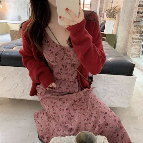 Winter Floral Dress Outfit, Red Dress With Cardigan, Dainty Clothes, Dress With Cardigan Outfit, Floral Dress Winter, Dress Cardigan, Cottagecore Outfits, Kawaii Dress, Red Cardigan