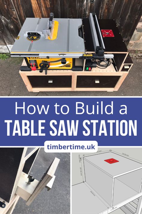 How to Build a Table Saw Station - it can be so easy and quick! This DIY Table Saw Station can be equipped with the most common jobsite table saws on the market. It has an integrated router table, two big drawers for plenty of storage and a nice integrated router bit storage! Safety First: a safety switch for operating the router is integrated as well! Free Plans available on timbertime.uk! The DIY Table Saw Stand Instructions are free for all! Table Saw Router Workbench Plans Diy, Small Table Saw Station, Portable Table Saw Station, Table Saw Extension Diy, Table Saw And Router Workbench, Table Saw Stand Plans, Table Saw Router Table Combo, Dewalt Table Saw Stand, Router Table Diy