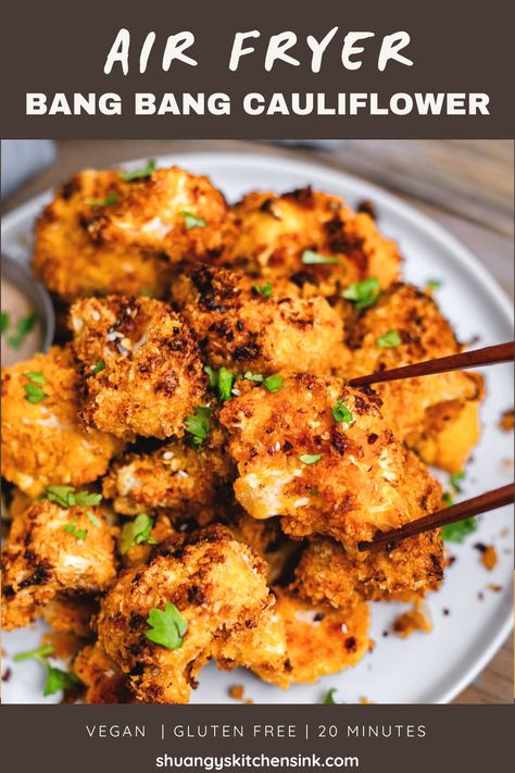 Bang Bang Cauliflower| Bang Bang Cauliflower is the perfect crispy snack. It’s also paleo, keto, vegan and can be made gluten-free, which makes it an ideal side for any recipe. Cauliflowers versatility allows it to be used in countless ways, and makes it easy to sneak in some extra veggies! |#bangbangcauliflower #vegansnack #veganrecipe #spicycauliflower Vegan Cauliflower Recipes Air Fryer, Korean Cauliflower Air Fryer, Cauliflower Pan Fried, Bangbang Cauliflower, Bang Bang Cauliflower Recipe, Tasty Fried Rice, Bang Bang Cauliflower, Cauliflower Recipes Healthy, Spicy Cauliflower