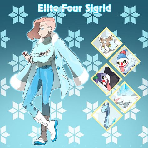 Matamat on Instagram: “Let’s meet the Norden Elite Four! . Here’s Elite Four SIGRID . “Hehe! Helloo my dear! My name is Sigrid and... Are you by any chance the…” Ice Type Pokemon Trainer, Custom Trainers, Ice Pokemon, Pokemon Gym Leaders, Pokemon Names, Pokemon Rpg, Pokémon Characters, Pokémon Trainers, Pokemon Game Characters