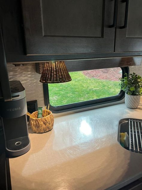 RV Interior Decorating: Ideas & Renovations | Inspired by a post made here by Brandi Dame, instead of replacing puck lights with actual electrical fixtures, I found wicker shades on Amazon | Facebook Airstream Lighting Ideas, Rv Light Fixture Makeover, Rv Interior Decorating Ideas, Rv Lighting Fixtures, Wicker Shades, Light Fixture Makeover, Rv Lighting, Camper Trailer Remodel, Interior Decorating Ideas