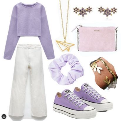 Lilac Sneakers Outfit, Lilac Sweatshirt Outfit, Outfits With Purple Converse, Purple Crewneck Outfit, Lilac Converse Outfit, Crewneck Outfit Winter, Purple Sneakers Outfit, Lilac Sweater Outfit, Purple Converse Outfit