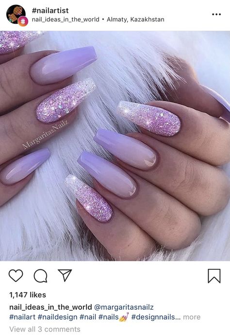 Purple Sparkly Nails, Lilac Nails Design, Purple And Silver Nails, Light Purple Nails, Prom Nails Silver, Purple Ombre Nails, Mermaid Nail, Purple Glitter Nails, Silver Nail Designs