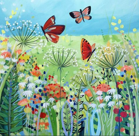 Janet Bell butterflies Jo Grundy, Bell Art, Garden Mural, Naive Art, Arte Floral, Painting Inspiration, Nickelodeon, Card Art, Art Lessons