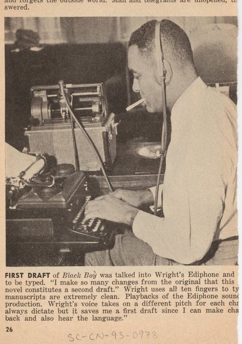 Author Richard Wright sitting at typewriter and listening through an Ediphone to create a draft of his autobiography "Black Boy." - NYPL Digital Collections Richard Wright Author, African American Authors, Richard Wright, Black Boy, New York Public Library, Black Boys, Black Culture, Still Image, History Books