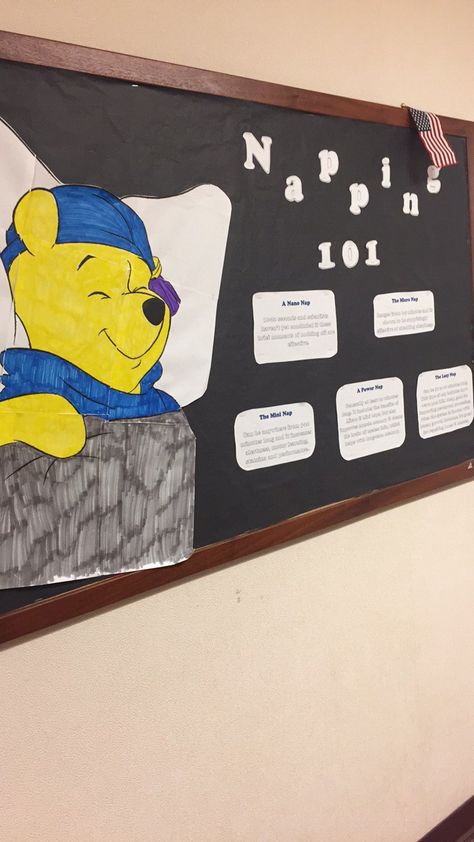 Napping 101 RA bulletin board Nap Time Bulletin Boards, November Ra Bulletin Boards, Winnie The Pooh Bulletin Board, Res Life Bulletin Boards, Sleep Cartoon, Door Bulletin Boards, Ra Themes, Ra Boards, Ra Bulletins