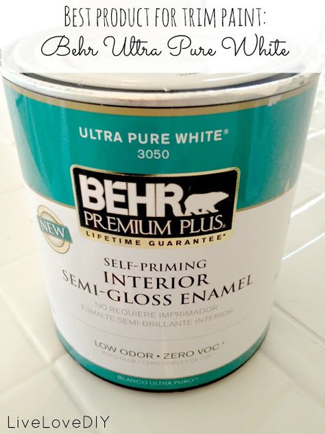 Best Trim Paint - Behr Ultra Pure White Semi Gloss: "When I paint my trim I always use Behr Ultra Pure White in a semi gloss finish. I love the ultra-pure white because it has zero amounts of any other color. That way when you paint your walls, the color really pops against the pure white." Best White Paint For Trim, White Paint For Trim, Breakfast Bar Diy, Painting Trim White, Bar Diy, Best White Paint, Paint Can, Painting Trim, Diy Paint