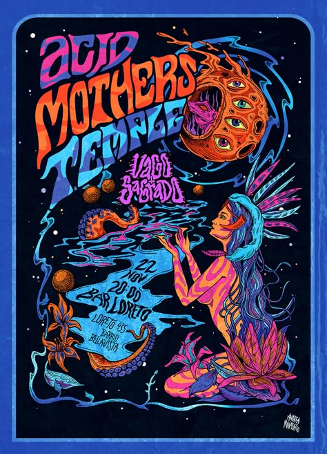 Poster oficial para el concierto de Acid mothers temple en Chile 2017 - Andrea Nakasato Wall Poster Design, Poster Wall Collage, Popular Posters, Posters Aesthetic, Popular Aesthetic, Vintage Poster Wall, Drink Aesthetic, Rock Band Posters, Aesthetic Posters