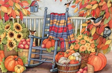 Susan Winget - AUTUMN BREEZE Blue Rocking Chair, Harvest Porches, Autumn Porch, Susan Winget, Autumn Scenes, Theme Halloween, Fall Porch, Fall Pictures, Flag Decor