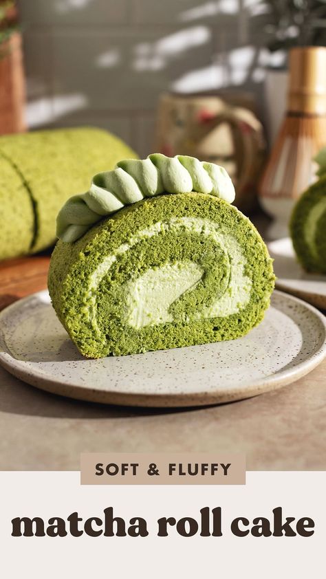 This matcha roll cake is made with a soft and fluffy matcha cake sheet that never rips when rolled and filled with matcha whipped cream for double the matcha green tea flavour. #matcha #swissroll #rollcake | teakandthyme.com Matcha Roll Cake Aesthetic, Matcha Roll Cake Recipe, Matcha Whipped Cream, Matcha Swiss Roll, Matcha Roll Cake, Cake Sheet, Matcha Cake, Thyme Recipes, Ceremonial Grade Matcha