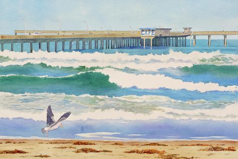 Ocean Painting - Ocean Beach Pier California by Mary Helmreich Ocean Beach Pier San Diego, Painting Ocean, Beach Cafe, Beach Pier, California Art, Ocean Painting, Realism Art, Seascape Paintings, Beach Art