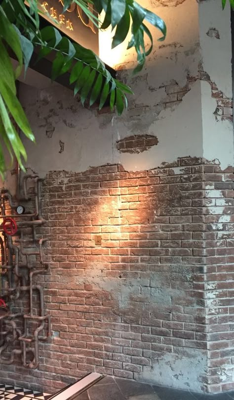 Brick And Panel Wall, Light Brick Wall, Brick And Concrete Interior, Distressed Brick Wall Interior, Half Exposed Brick Wall, Aged Brick Wall, Brick Wall Room Ideas, Fake Exposed Brick Wall, Brick Wall Cafe