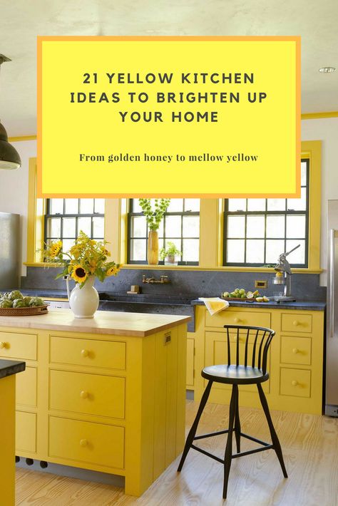 Sunny Yellow Kitchen, Yellow And Oak Kitchen, Kitchens With Yellow Cabinets, Yellow And Brown Kitchen Ideas, Red And Yellow Kitchen Ideas, Yellow Accents In Kitchen, Yellow Walls Kitchen Ideas, Yellow Kitchen Cabinets Farmhouse, Yellow Painted Cabinets