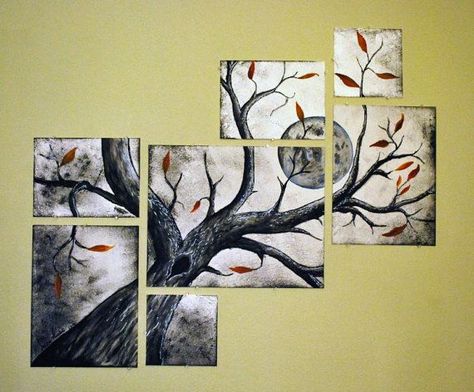 Moon & Tree, multi-canvas Painting Multiple Canvas, Multiple Canvases Painting Ideas, 4 Parts Canvas Painting, Painting Ideas On Multiple Canvas, Multiple Paintings On One Canvas, Multiple Canvas Painting Ideas Simple, Tri Canvas Painting Ideas, 4 Piece Canvas Art, Split Canvas Painting Ideas