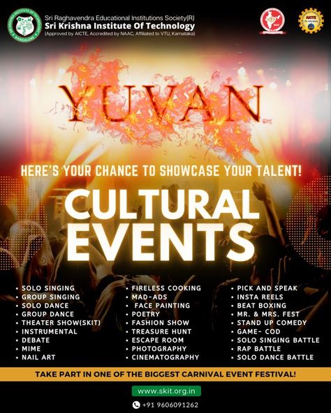 One of the biggest cultural fest Yuvan is here, here's a chance to showcase your talent and win exciting prices #skit #EngineeringCollege #engineering #engineeringlife #Yuvan #culturalevents #events #culturalspace #dancemusic #singing #rapbattles #debate #fasion #hiphop #beatboxbattletv #codfish #rap #beatboxindia #talent College Event Ideas, College Fest, Event Poster Design Inspiration, Treasure Hunt Games, College Event, Competition Games, Event Booth, Book Cover Diy, Logo Design Video