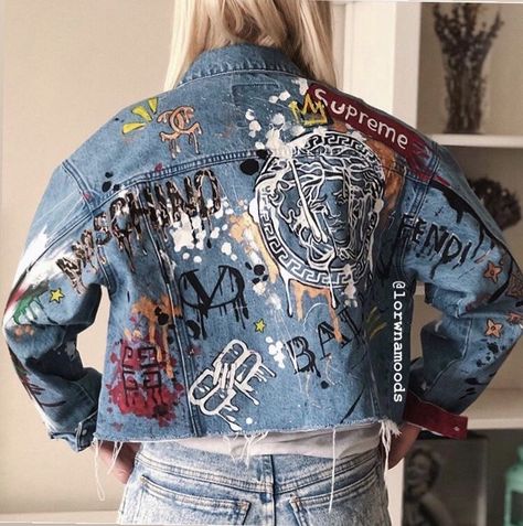 Graffiti Jacket, Customised Denim Jacket, Custom Denim Jacket, Denim Jacket Outfit, Gucci Design, Painted Jacket, Denim Art, Diy Jacket, T Shirt Painting