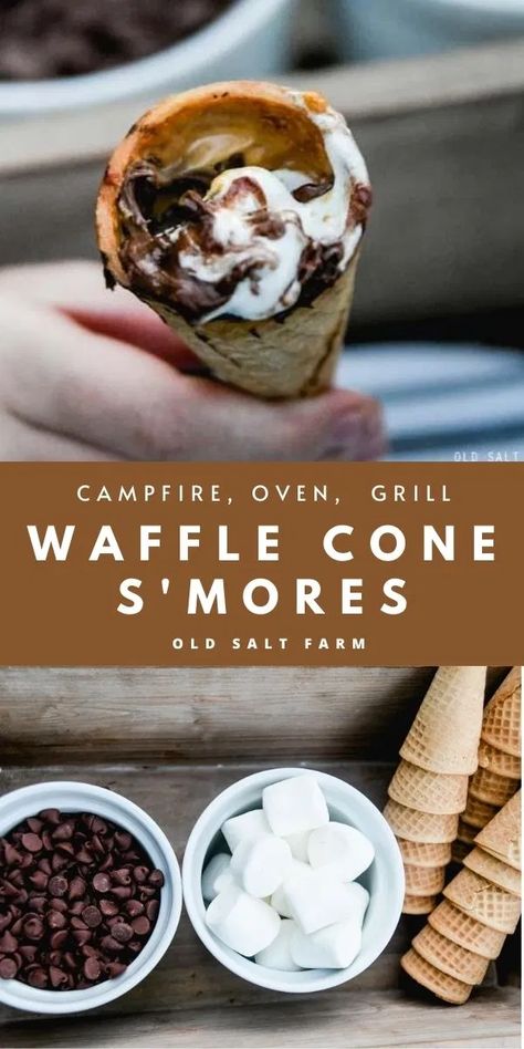 Waffle Cone S'mores #smores #campfire #campfirecones #waffleconesmores #summerdessert #campfiretreats #summerideas #firepit #smoresintheoven #smoresonthegrill #smoresonthestove Smores Campfire, Campfire Cones, Fudge Stripe Cookies, Campfire Desserts, Quick Cookies Recipes, Camping Desserts, Chocolate Recipes Easy, Waffles Easy, Waffle Cone