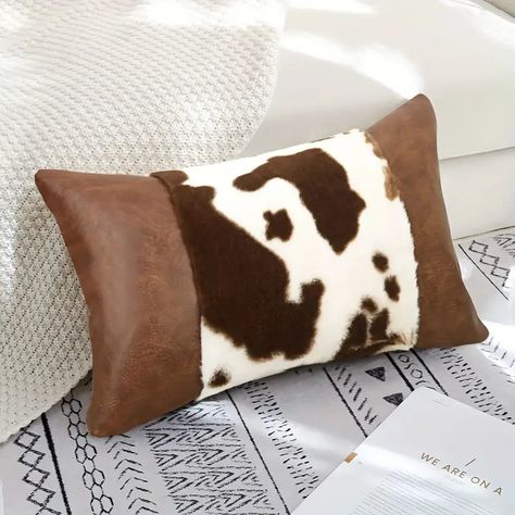 Faux Cowhide Accent Pillow - 12" x 20" Coffee Colored Plush Pillowcase PU Splicing Cushion. Description Care Instructions: Hand wash only Closure Type: Zipper Cover Material: 100% Polyester 11.81" x 19.68" Western Pillows, Faux Cowhide, Patchwork Cushion, Table Sofa, Modern Throw Pillows, Cushion Pattern, Cow Pattern, Couch Covers, Sofa Decor