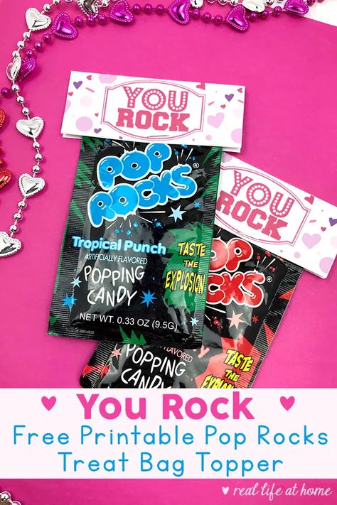 Need a quick treat bag for Valentine's Day, a class party, a team motivator, or just a little pick me up? Print out this free "You Rock" Pop Rocks Treat Bag Topper and attach it to a bag of Pop Rocks or rock candy for a quick and easy surprise. #TreatBagTopper #EasyTreatBags #PrintableValentines Pop Rocks Valentine, Pop Rocks Candy, Valentine Cards For Kids, Free Printable Valentines Cards, Chocolate Rocks, Funny Candy, Candy Grams, Candy Crystals, Printable Valentines Cards