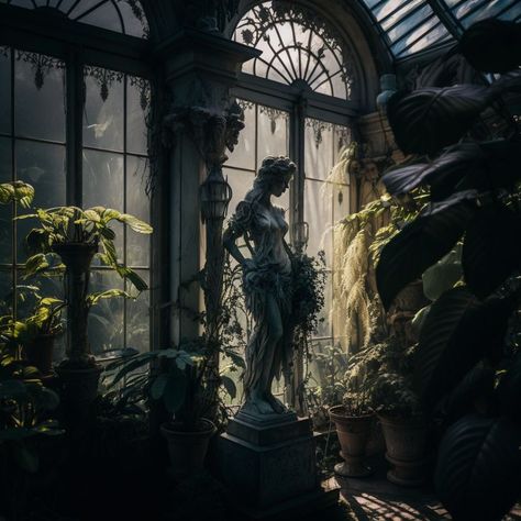 Old Manor Aesthetic Dark, Gothic Greenhouse Aesthetic, Dark Greenhouse Aesthetic, Creepy Greenhouse, Witch Greenhouse, Victorian Garden Aesthetic, Castle Greenhouse, Dark Academia Mansion, Gothic Greenhouse