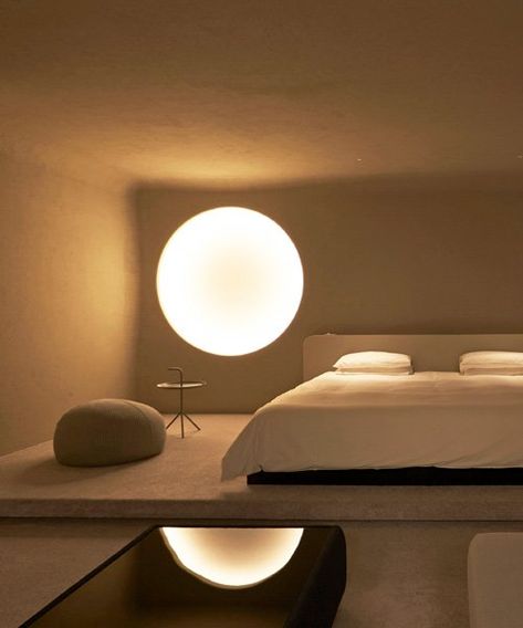 Moon House Decor, Japanese Hotel Room Design, Hotel Room Lighting Design, Moon Interior Design, Hotel Style Living Room, Cool Hotel Rooms, Moon Light Fixture, Japanese Hotel Room, Hotel Room Lighting