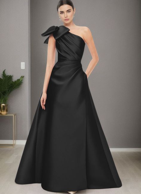 A-Line One-Shoulder Satin Evening Dresses With Bow(s)/Pockets Ninang Outfit, Bow Shoulder Dress, Mog Dresses, Dresses With Bow, Mom Wedding Dress, Glam Dress, Satin Evening Gown, Mother Of Groom Dresses, Satin Evening Dresses