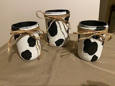 Farmouse Shabby Chic Cow Print, Western Painted Mason Jar Set, Kitchen, Bathroom | eBay Golden Calf, Basket Centerpieces, Painted Mason Jars, Lantern Candle Holders, Fake Flowers, School Fun, Cow Print, Mason Jar, Kitchen Bathroom