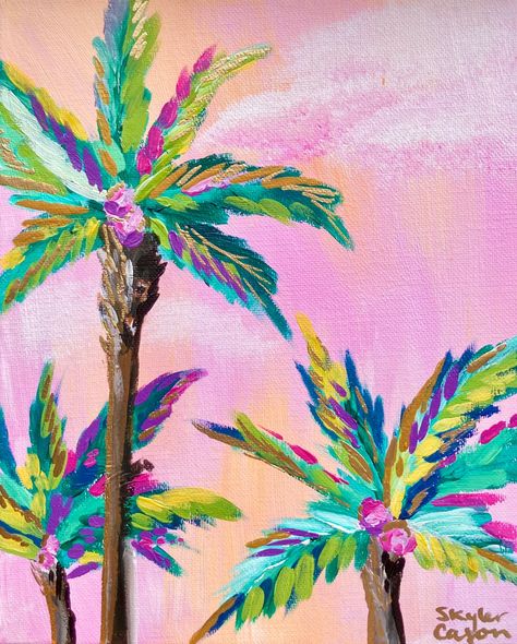 Colorful Palm Trees, Tropical Painting Ideas Easy, Lily Pulitzer Painting, Palm Tree Painting, Bubble Drawing, Mini Toile, Abstract Tree Painting, Tropical Painting, Palm Trees Painting