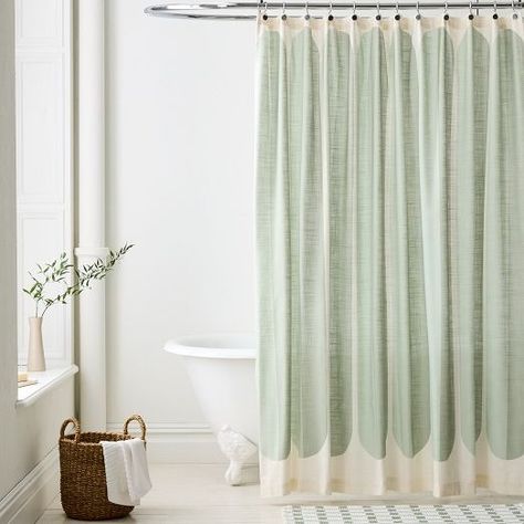 Shower Curtains | West Elm Green And Pink Bathroom, Blue Green Bathrooms, Upstairs Bathroom Ideas, Ceiling Drapes, Main Floor Bathroom, Green Bathroom Decor, Studio Bathroom, Bathroom 2024, Mirror Floor