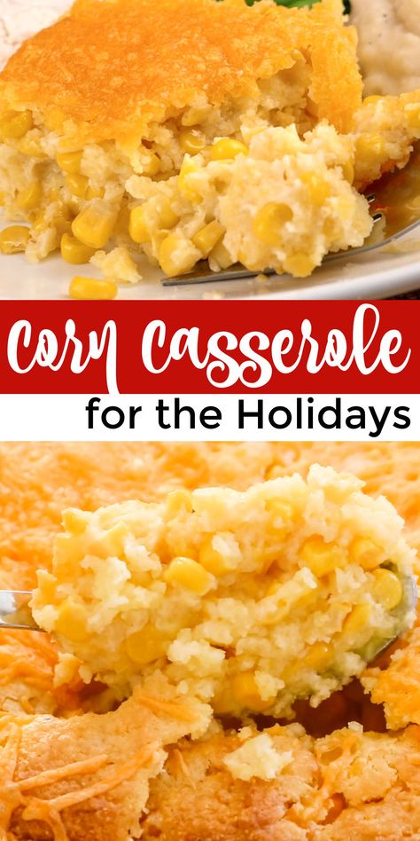 Our Corn Casserole recipe is a family favorite side dish recipe - this sweet-savory, cornbread "like" dish is super delicious and very easy to make. It will be one of your family's favorite Holiday Foods on Easter, Thanksgiving, Christmas, or just a random Sunday. Some people call it Corn Pudding, we call it the best Holiday side dish we've ever made. Pin this yummy side dish for later and follow us for more Thanksgiving Food Ideas. Christmas Dinner Side Dishes Corn, Ham Side Dishes Easy, Side Dish For Christmas Party, Sides For Christmas, Cornbread Side Dish, Easy Christmas Side Dishes, Thanksgiving Carrots, Thanksgiving Food Ideas, Christmas Side Dish