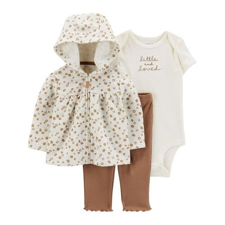 Mix and match again and again with this adorable 3-piece set from Carters Child of Mine. This set includes one graphic bodysuit, coordinating pants, and a fierce cheetah-print hooded swing jacket for endless looks! The pants also include an elastic waistband for easy fastening while the bodysuit features snaps for simple diaper changing, making this comfy set for baby girl great for days on the go! Youll love the ease of getting ready in the mornings with this everyday style for baby girls! Made with the Carters brand quality that parents love, this 3-piece swing jacket set is comfortable for all day wear and durable enough to withstand wash, wear, and repeat! Each piece in this jacket set is made with the same trusted quality as Carter's and Standard 100 by OEKO-TEX so it's certified clea Girl Cardigan Outfit, Girl Cardigan, Cardigan Outfit, One Piece Clothing, Cardigan Set, Girls Cardigan, Brown Outfit