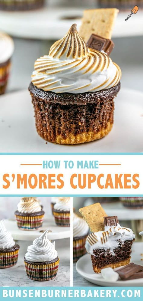 Elevate your baking game with these delightful S'mores Cupcakes! Experience the joy of s'mores anytime with layers of graham cracker, chocolate cupcake, and marshmallow meringue. S’mores Cupcakes With Marshmallow Frosting, Smore Cupcakes Easy, S’more Cupcake Recipe, Campfire S’mores Cupcakes, S’more Cupcakes, S’mores Cupcake, Smore Cupcakes, Smores Cupcake Recipe, Smores Cupcake