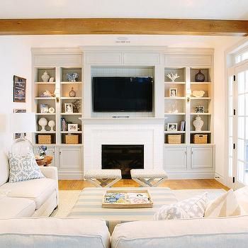 Fireplace TV Niche with Gray Built In Shelves Hamptons Living Room, Coastal Interiors Design, Entertainment Wall, Coastal Living Rooms, Open Living Room, Transitional Living Rooms, Chic Living Room, Coastal Interiors, Family Room Design