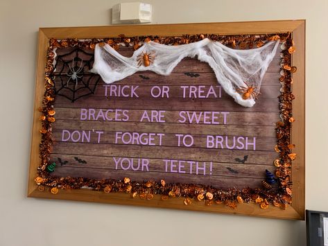 Dental Office Fall Decorations, Halloween Orthodontics, Ortho Office, Orthodontist Office, November Bulletin Boards, Office Boards, Orthodontic Office, Work Bulletin Boards, Halloween Bulletin Boards