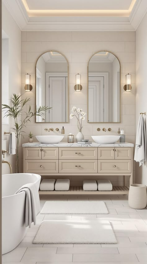 Neutral Bathroom Decor Neutral Natural Bathroom Ideas, Neutral Colour Bathroom Ideas, Neutral Bathroom Wallpaper Ideas, Bathroom Remodel Light Colors, Neutral Bathroom Double Vanity, Neutral Cream Bathroom, Beige Master Bath Ideas, Neutral Pallet Bathroom, Bathroom Cream Walls