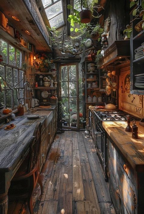 Witch Core Aesthetic, Treehouse Kitchen, Rustic Outdoor Spaces, Forest Kitchen, Dark Boho Living Room, Rustic Tiny House, Fairytale House, Witch Core, Affordable House Plans