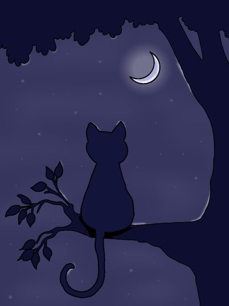 Cat And Moon Painting, Night Scenery Drawing, Black Cat Drawing, Branch Drawing, Night Drawing, Cats Art Drawing, Collage Art Projects, Cat Doodle, Meaningful Drawings