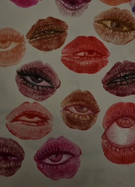 Eye In Lips Drawing, Lips Eyes Drawing, Eyes Aesthetic Art, Lipstick Drawing, Smeared Lipstick, Stick Drawings, Eyes Aesthetic, Drawing Eyes, Lipstick Art