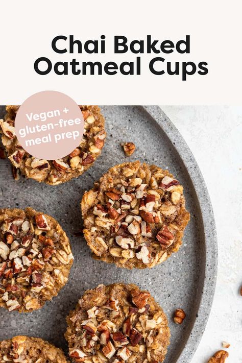 These chai baked oatmeal cups have all the cozy flavors of your favorite drink but in oatmeal form. They're easy to make, great for meal prep and perfect for on-the-go. Vegan + gluten-free. Gluten Free Dairy Free Oatmeal, Dairy Free Oatmeal, Vegan Baked Oatmeal, Gluten Free Meal Prep, Everyday Breakfast, Baked Oatmeal Cups, Chai Recipe, Baked Oatmeal Recipes, Oatmeal Cups