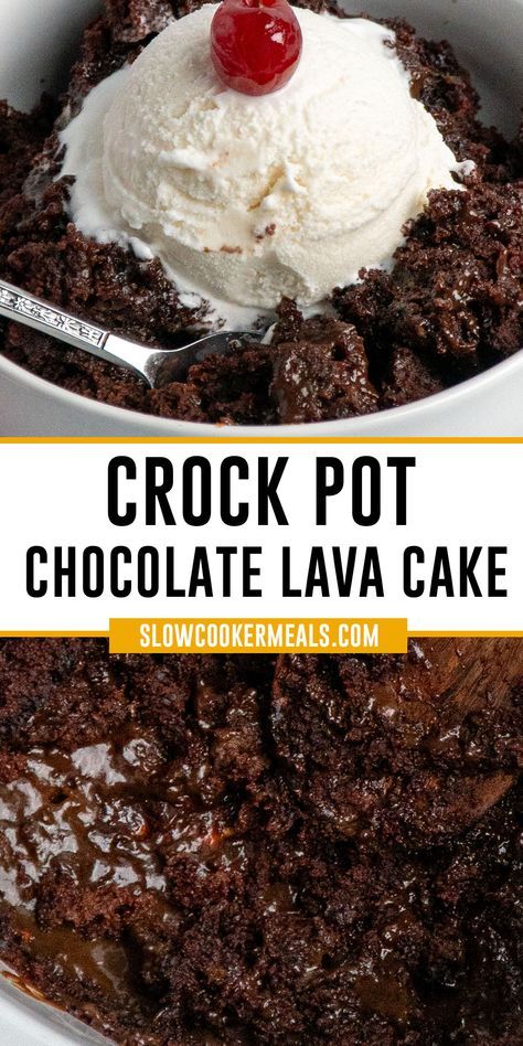 With a boxed cake mix, rich chocolate pudding mix, and a slow cooker, you'll get an irresistible Crock Pot Chocolate Lava Cake dessert with the perfect texture, gooey center, and rich chocolate flavor! Slow Cooker Lava Cake, Crockpot Chocolate Lava Cake, Crockpot Lava Cake, Chocolate Crockpot, Crockpot Chocolate, Crockpot Cake, Lava Cake Recipe, Chocolate Lava Cake Recipe, Crockpot Dessert Recipes