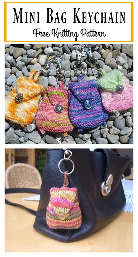 Mini Bag Keychain Free Knitting Pattern #Knittting #Freepattern #Keychain Keychain Knitting, Mini Bag Keychain, Mini Bag Pattern, Small Knitting Projects, Tote Crochet, Miniature Knitting, Large Knitting, Knit Bag, Bag Keychain