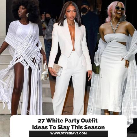 A photo of three women White Hot Party Outfit, White Outfit For Yacht Party, Yacht Party White Outfit, All White Outfit Yatch Party, Womens All White Outfits Party, Luxury White Pantsuit For Night Out, White Dinner Party Outfit, What To Wear To An All White Party, White Attire Party Women